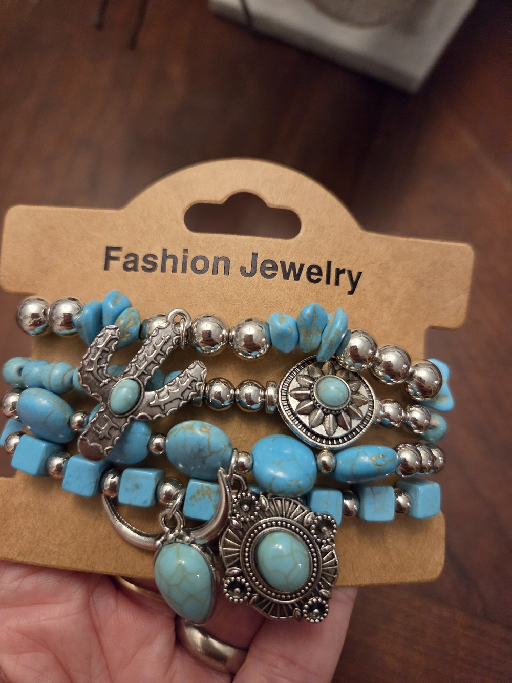 Fashion Jewelry Turquoise and Silver Layered Charm Bracelet Set